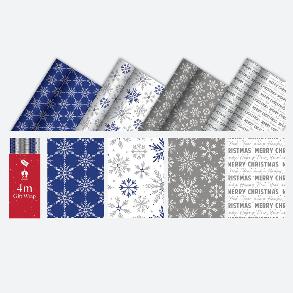 Christmas Wrap 4m Blue Snowflakes Assorted Print