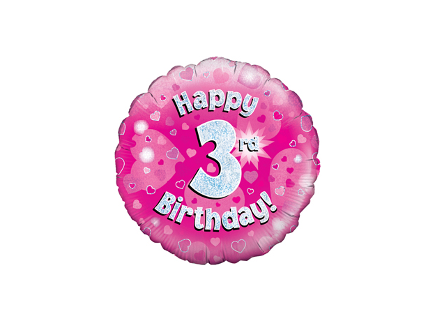 Oaktree 18 inch Happy 3rd Birthday Pink Holographic Foil Balloon