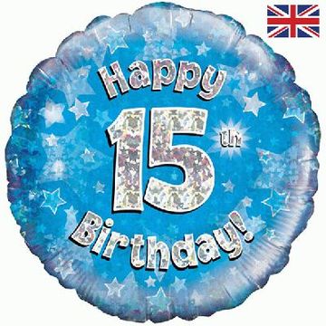 Oaktree 18inch Happy 15th Birthday Blue Holographic
