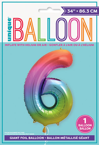 Unique 34" Rainbow Foil Balloon Number 6