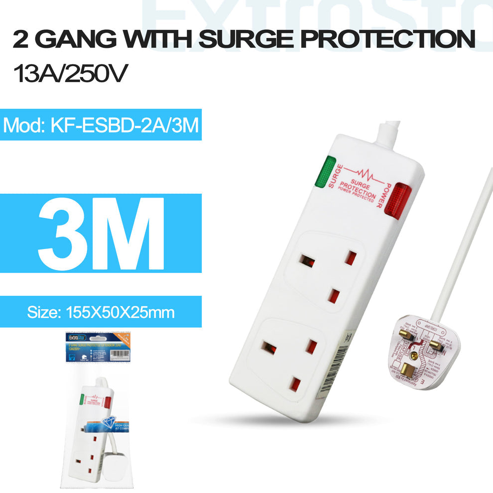 Multiprise parafoudre non commutée à 2 prises, 3 m (KF-ESBD-2A/3M)
