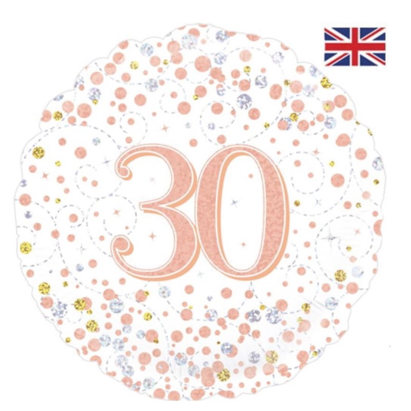 Oaktree 18 inch Age 30 White and Rose Gold Sparkling Fizz Balloon