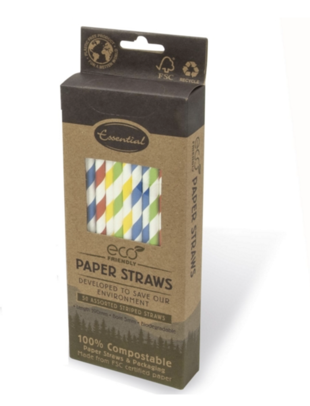 Essential 50pk Assorted Stripe Paper Straws Boxed 100% Compostable