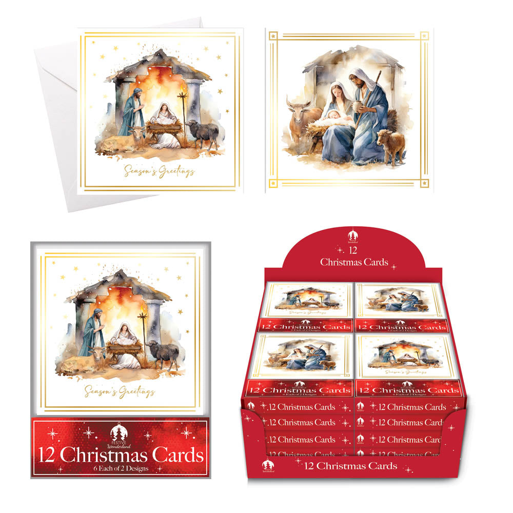 12 FESTIVE WONDERLAND 12in 14x14cm SQUARE CHRISTMAS ACETATE CARDS - RELIGIOUS MANGER