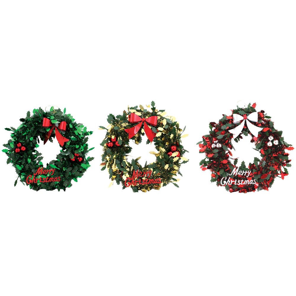 Home Decs Christmas Baubles & Bow Tinsel Wreath Assorted