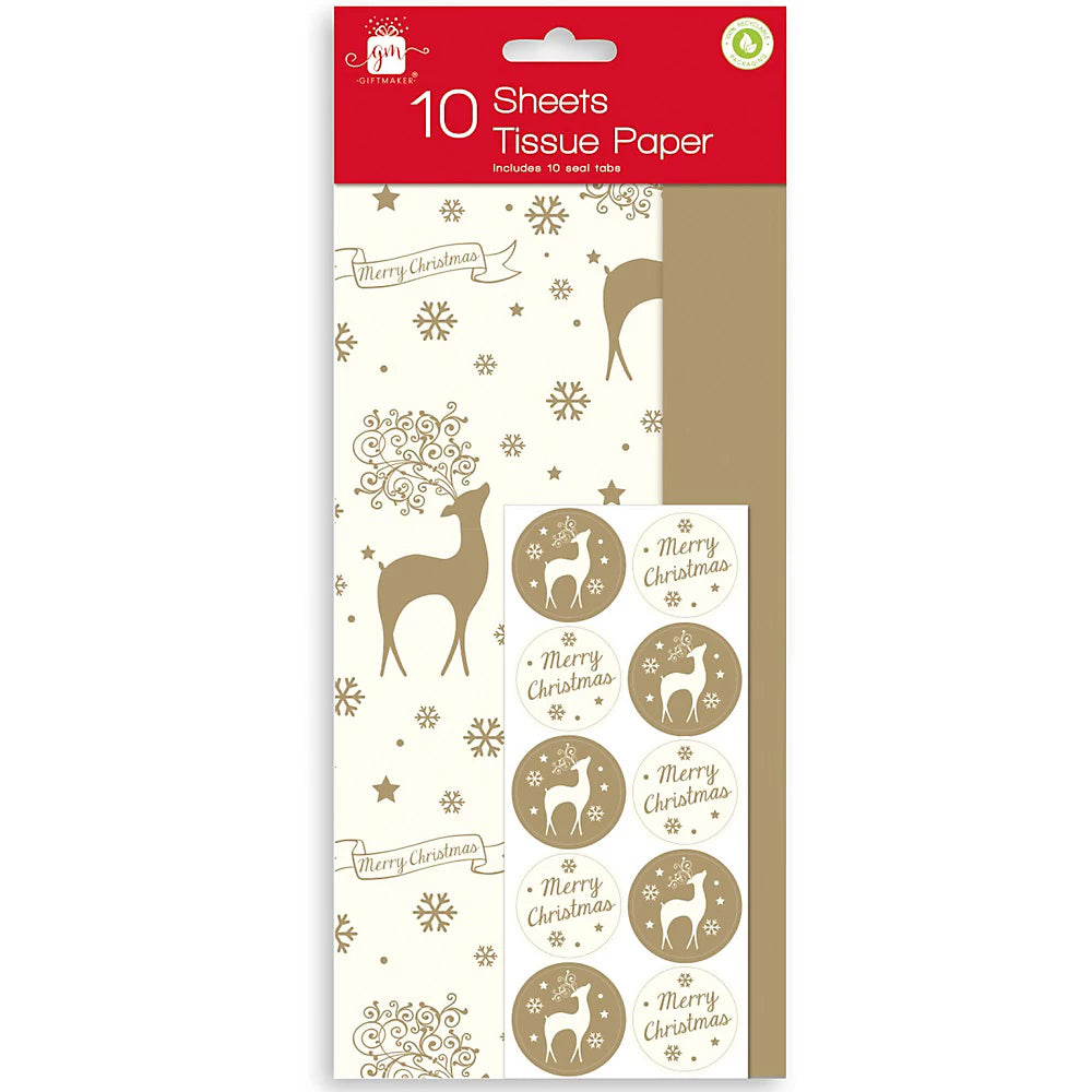 Giftmaker Pack of 10 Gold Stag Christmas Tissue Papers