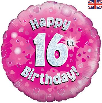 Happy 16th Birthday Pink Holographic Helium balloon 18in