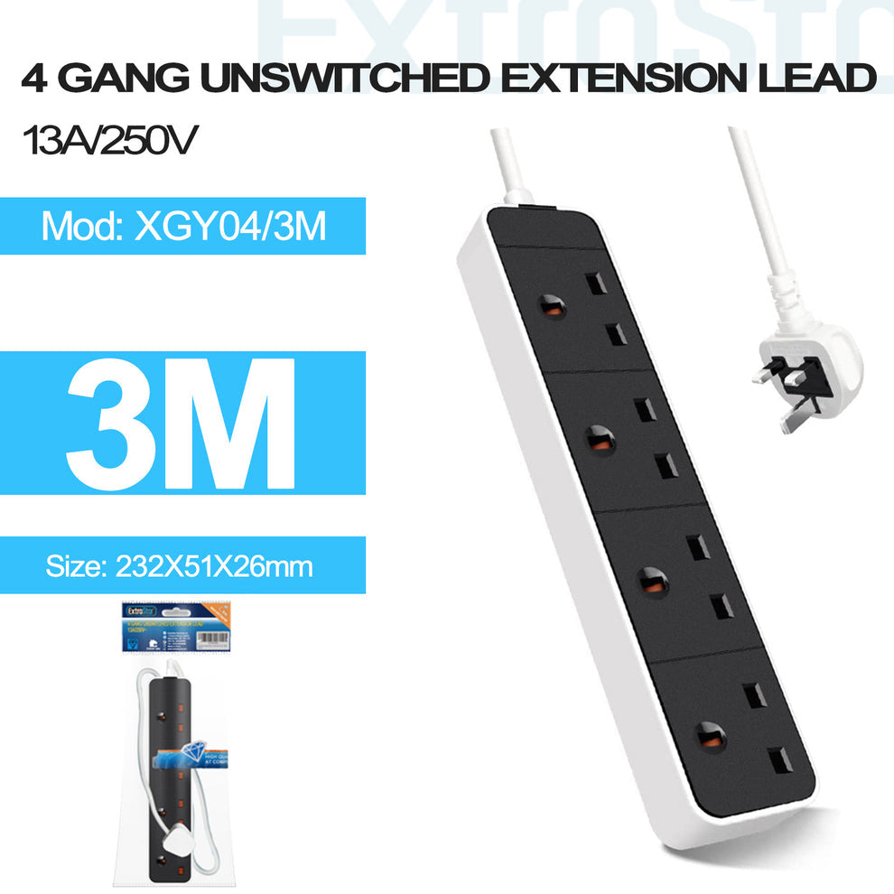Extrastar 4 Gang Unswitched Extension Lead 3m White (XGY04/3M)