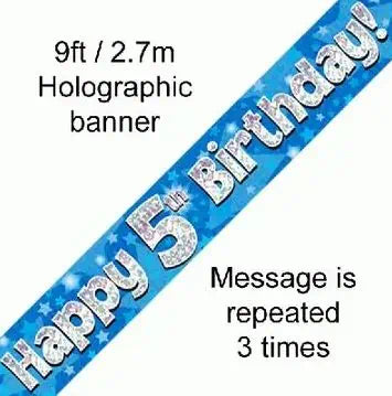 Happy 5th Birthday Foil Holographic Banner, Blue, 9ft