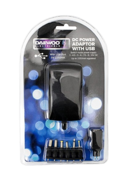 DAEWOO UNIVERSAL MAINS AC/DC PLUG POWER SUPPLY ADAPTER WITH USB PORT 2250MAH