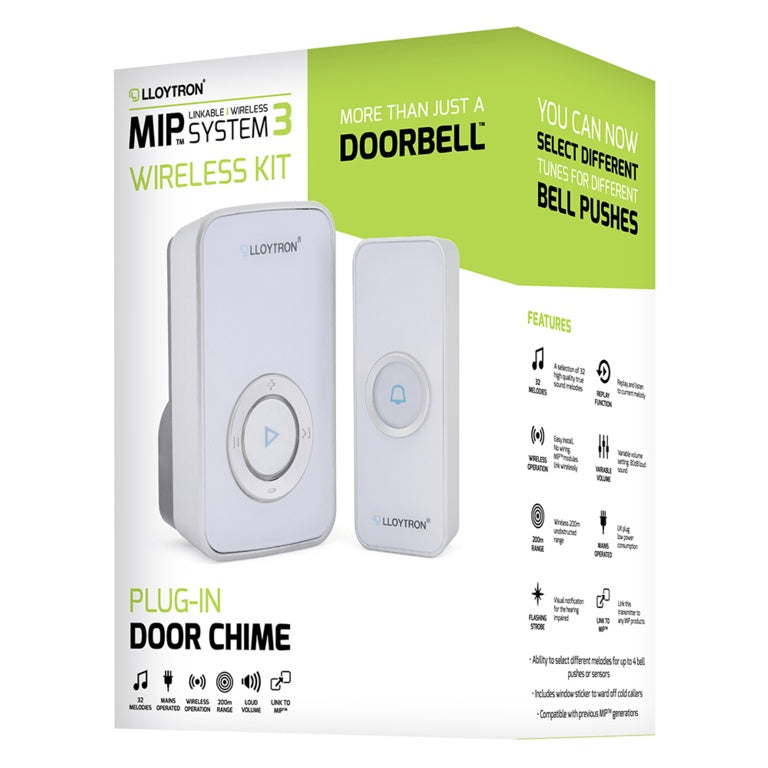 Lloytron MIP3 - Kit carillon de porte sans fil Premium à brancher - 32 mélodies - Blanc