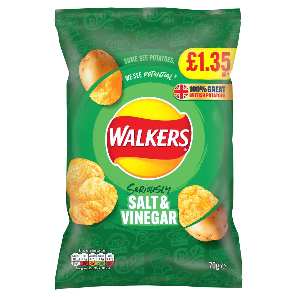Walkers Crisps Sel et Vinaigre Sachet à Partager PMP 1,35 £ 70g