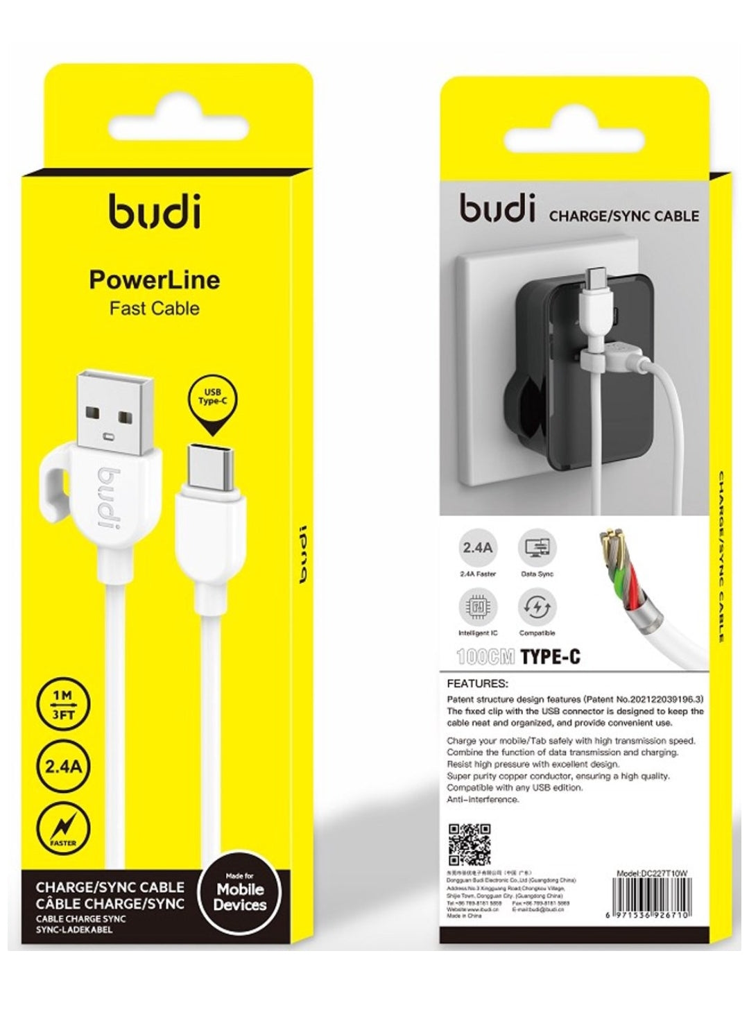 Budi USB-A to USB-C,Charge/Sync cable, 1 m, 2.4A, fast charge