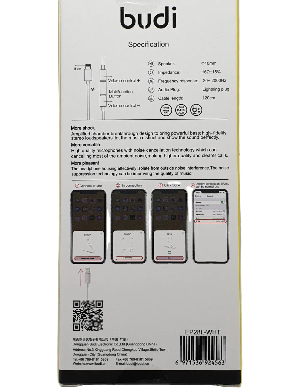 Budi Lightening Connector Earphones 1.2M With Remote Volume Controls