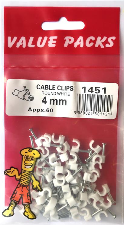 1451 - CCRW4.0 - 4.0mm Cable Clips Round White - 60/PK (Approx)