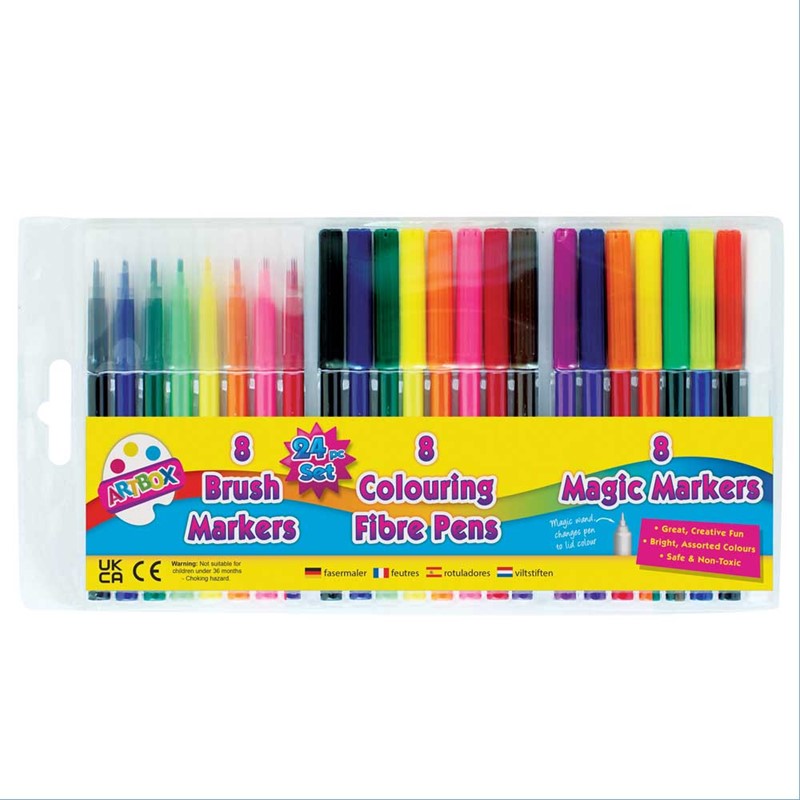 24 stylos : 8 feutres, 8 pinceaux, 8 marqueurs magiques