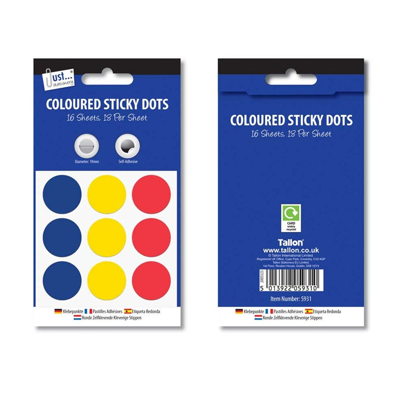 Just Stationery 288 Coloured 19mm Sticky Dots