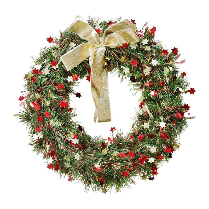FESTIVE MAGIC TINSEL WREATH 25cm D/C STARS W/BOW