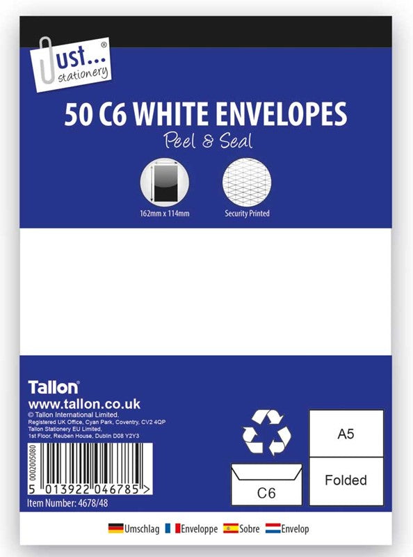 Enveloppes 50 x C6 Blanches, Bande adhésive, 80 g/m²
