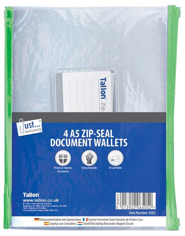 Pochette porte-documents A5 Just Stationery, avec fermeture zippée, lot de 4