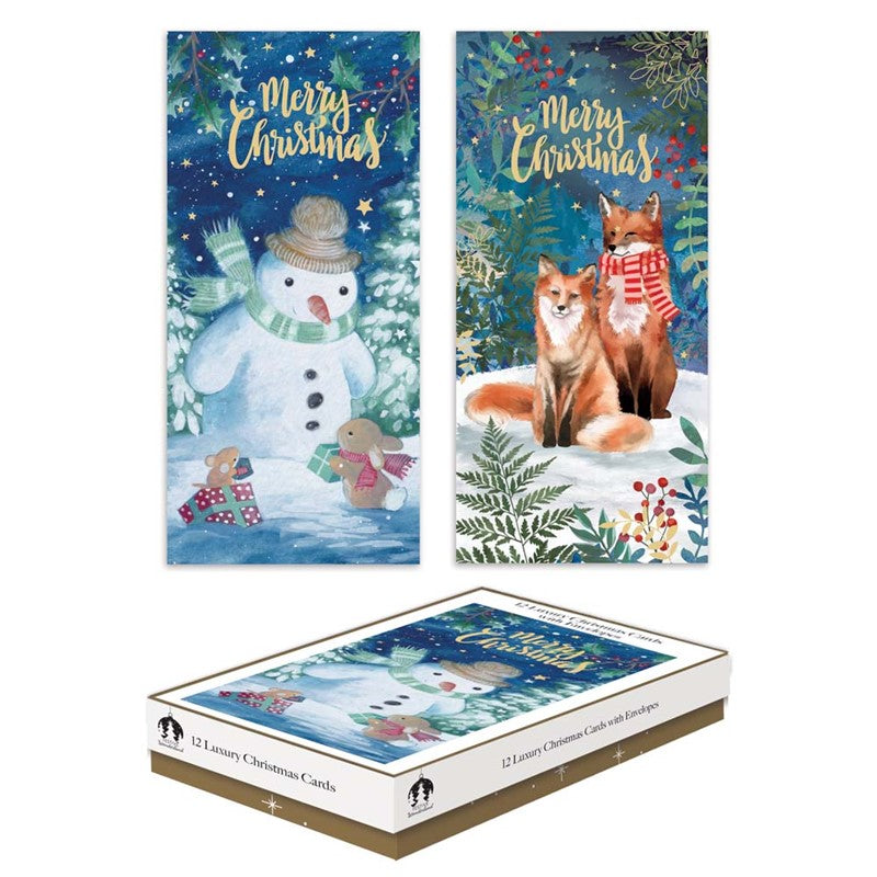 Cards XMAS 12 Slim Boxed - Wood Snowman/Fox