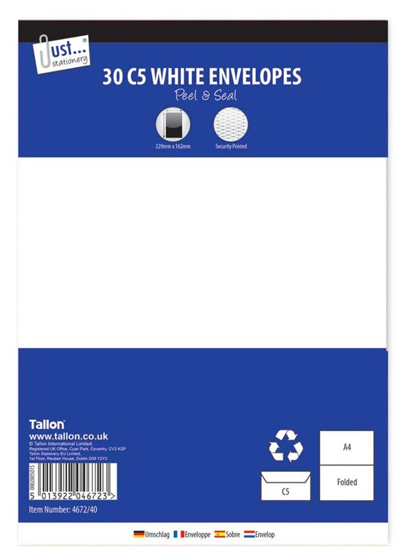 Enveloppes 30 x C5 Blanches, Bande adhésive, 80 g/m²