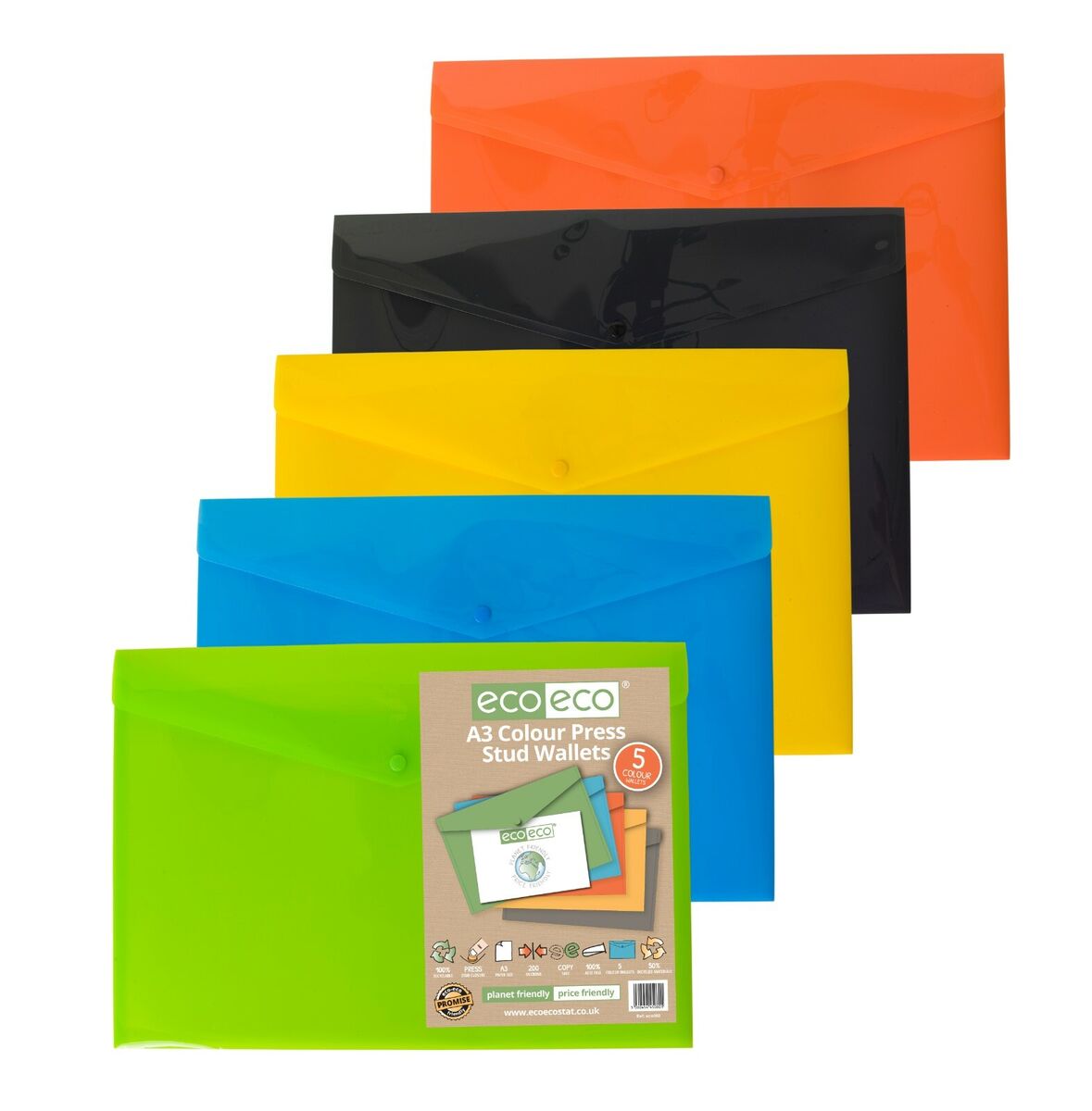 Dossiers en plastique avec bouton-pression A3, 50 % recyclés, lot de 5 couleurs assorties