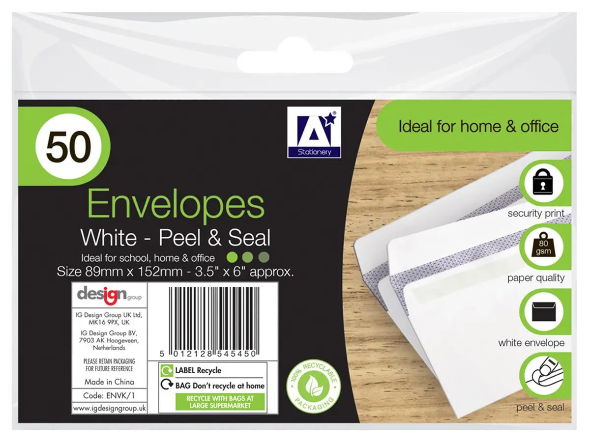 Lot de 50 enveloppes blanches unies autocollantes 80 g/m² fournitures de bureau 89 x 152 mm