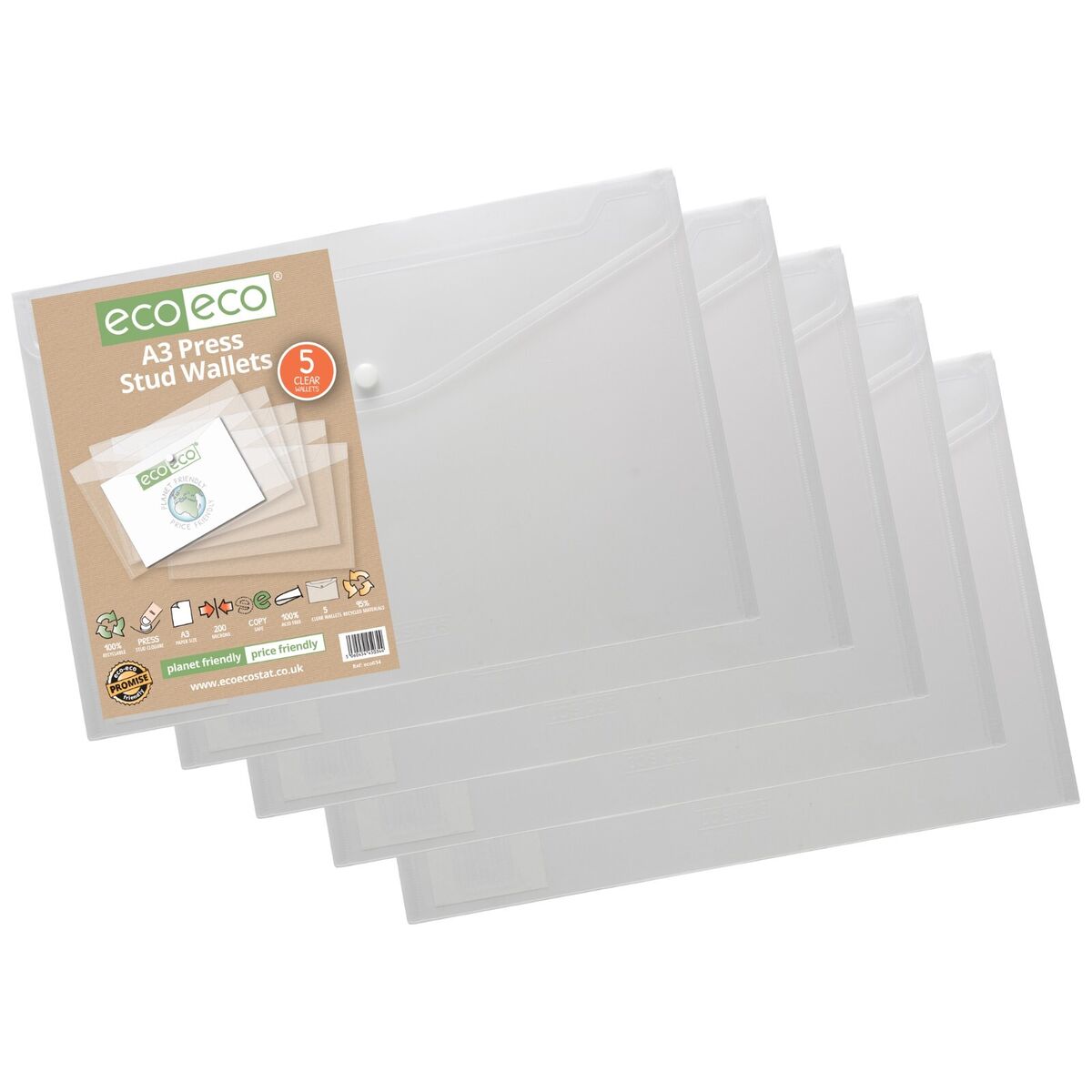 Lot de 5 chemises enveloppes A3 transparentes 100% recyclables avec bouton-pression