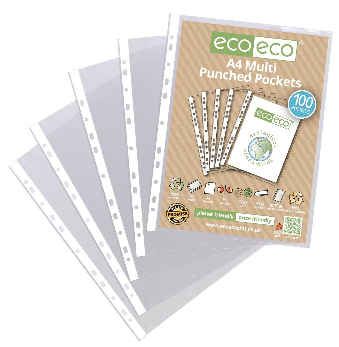 100 pochettes perforées en plastique transparent lisse A4 100 % recyclé eco-eco