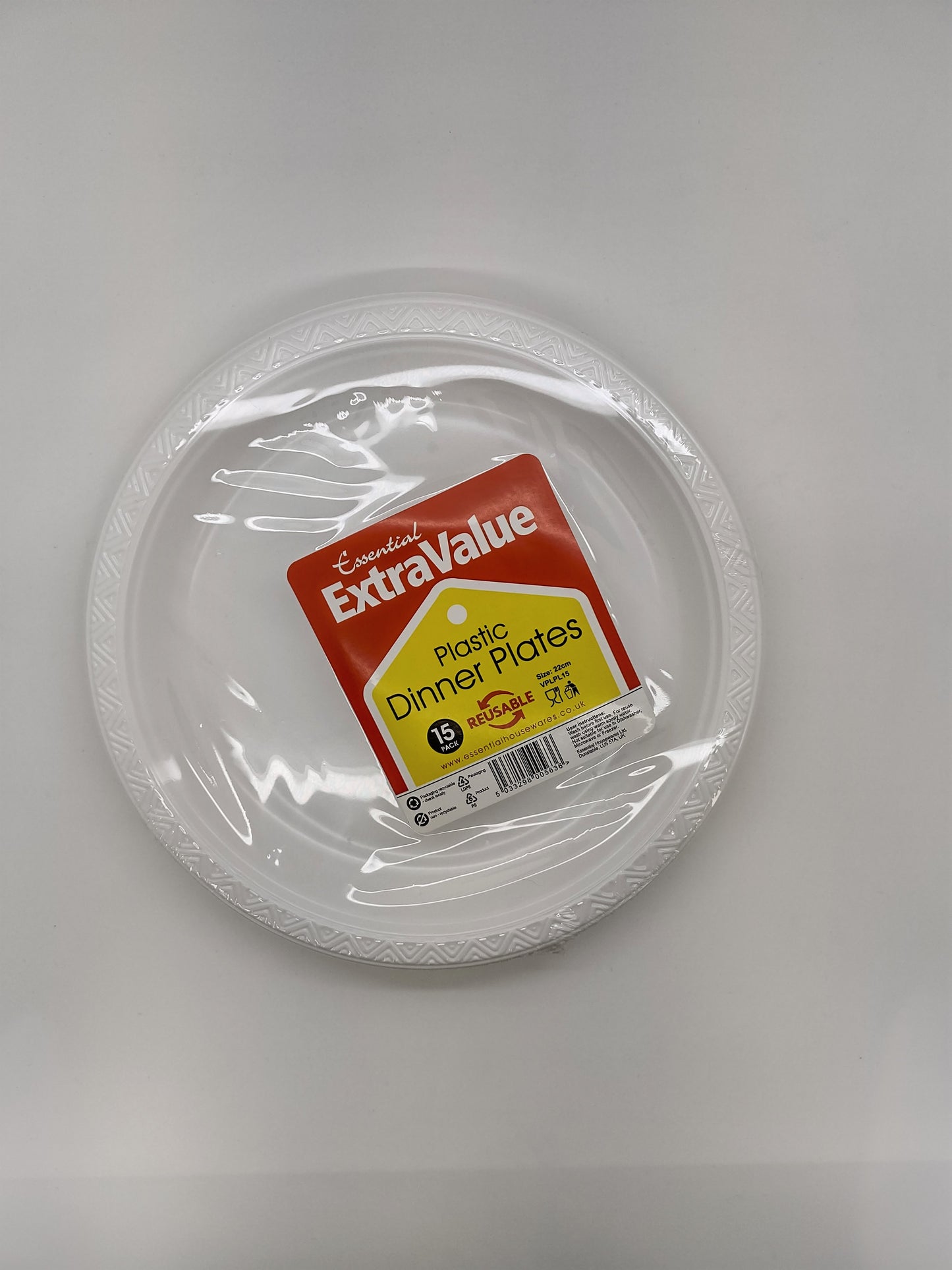 Assiettes en plastique blanches grand format 22 cm, paquet de 15