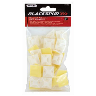 BLACKSPUR SUPPORTS DE FIXATION DE CÂBLE AUTO-ADHÉSIFS BLANCS 40 PIÈCES - 23 X 23 MM