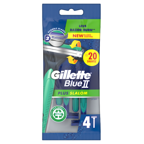 Gillette Blue II Plus Slalom Disposable Razors x4, With Two Blades and Pivoting Head