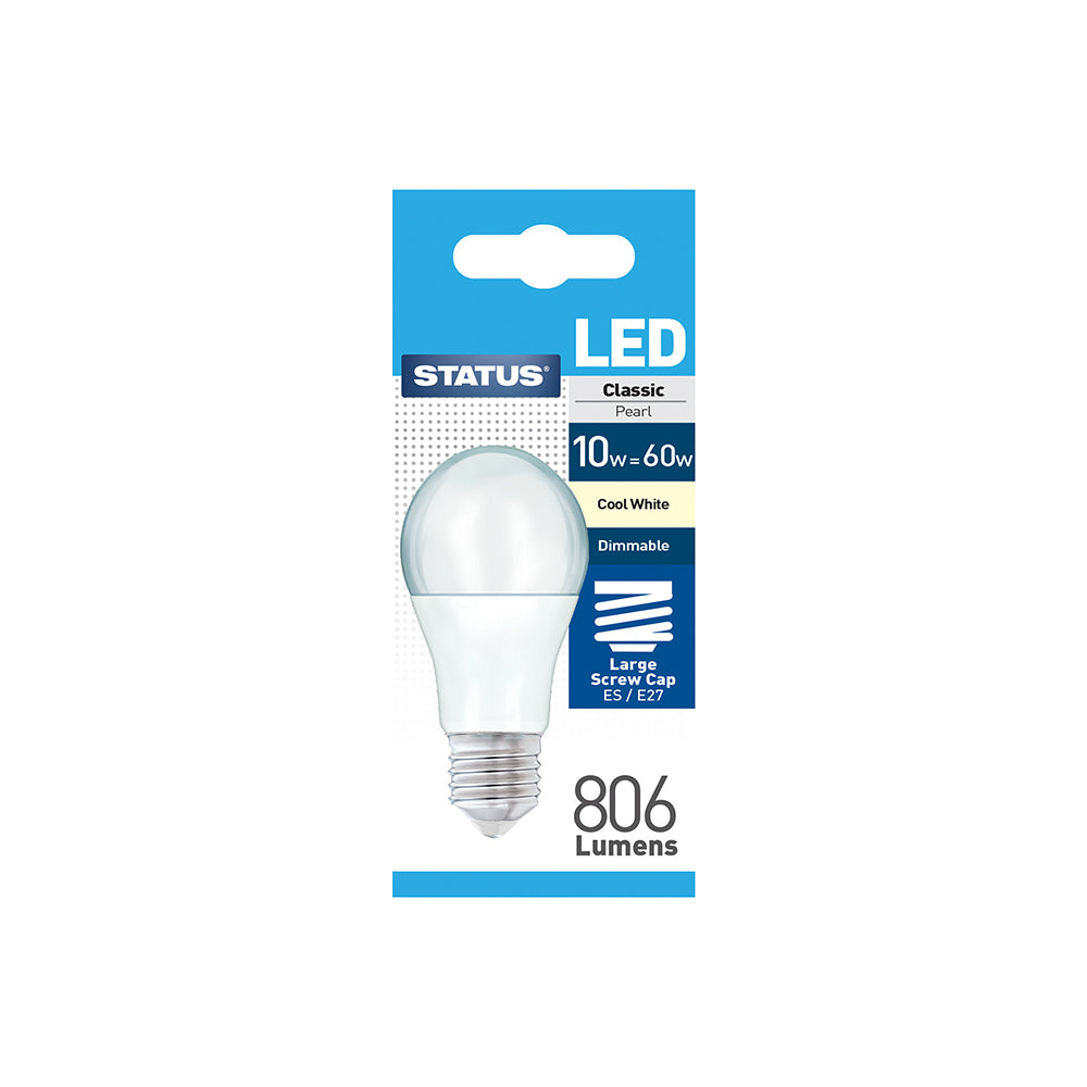 10w = 60w = 806 lumens - Dimmable LED - GLS - ES - PA - Pearl - Cool White - 1 pk box