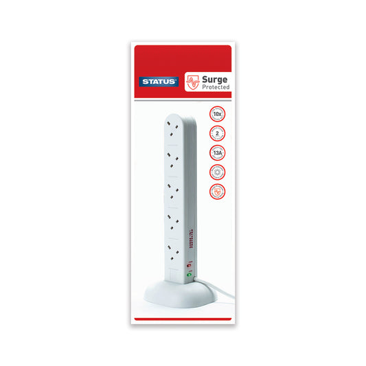 10 way - 2 Mtr - Surge Protected - Tower Extension Socket - White -Neon Indicator - Plug - 1 pk