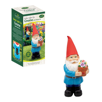 Gnome With Flower Pot Solar Light Garden Ornament