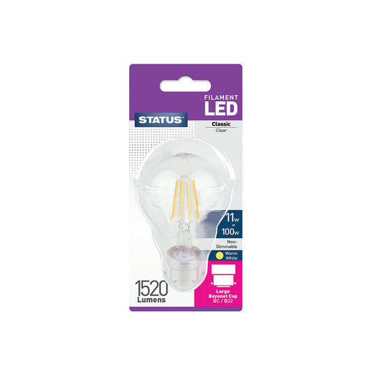 11w = 100w = 1520 lumens - Filament LED - A70 GLS - BC - Clear - Warm White - 1 pk