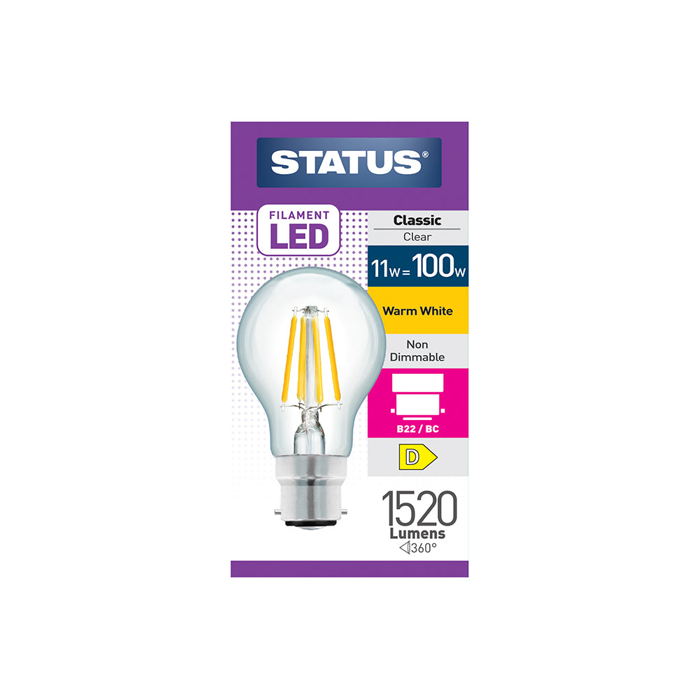 10.5w = 100w = 1521 lumens - Filament LED - A70 GLS - BC - Clear - Warm White