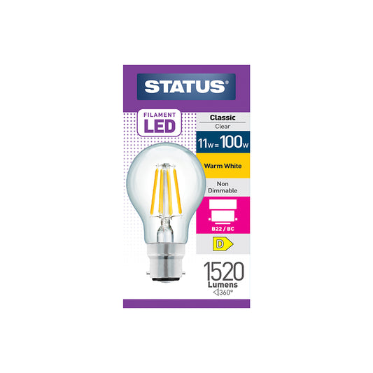 10.5w = 100w = 1521 lumens - Filament LED - A70 GLS - BC - Clear - Warm White