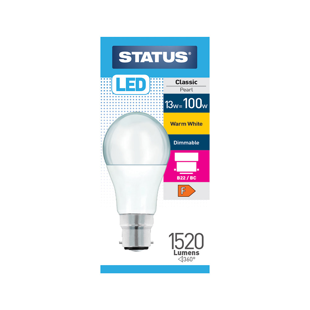 13w = 100w = 1400 lumens - Dimmable LED - GLS - B22 - PA - Pearl - Warm White - 1 pk box