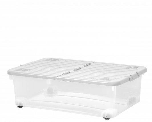 Boîte de 32 L avec roues et couvercle pliant transparent/gris froid