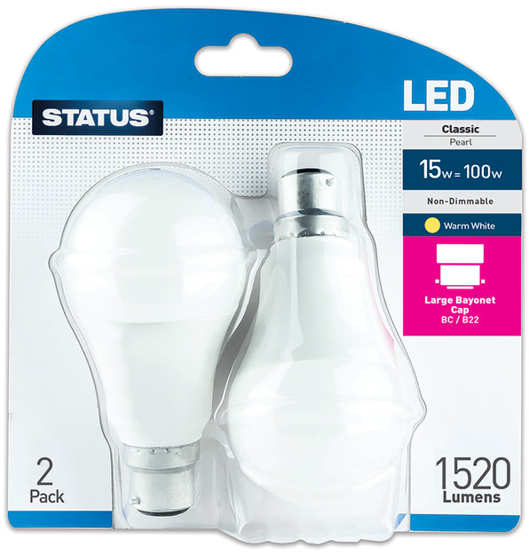 LED Bulb 15W=(100W) Status Classic WARM WHITE Light Large Bayonet Cap BC/B22