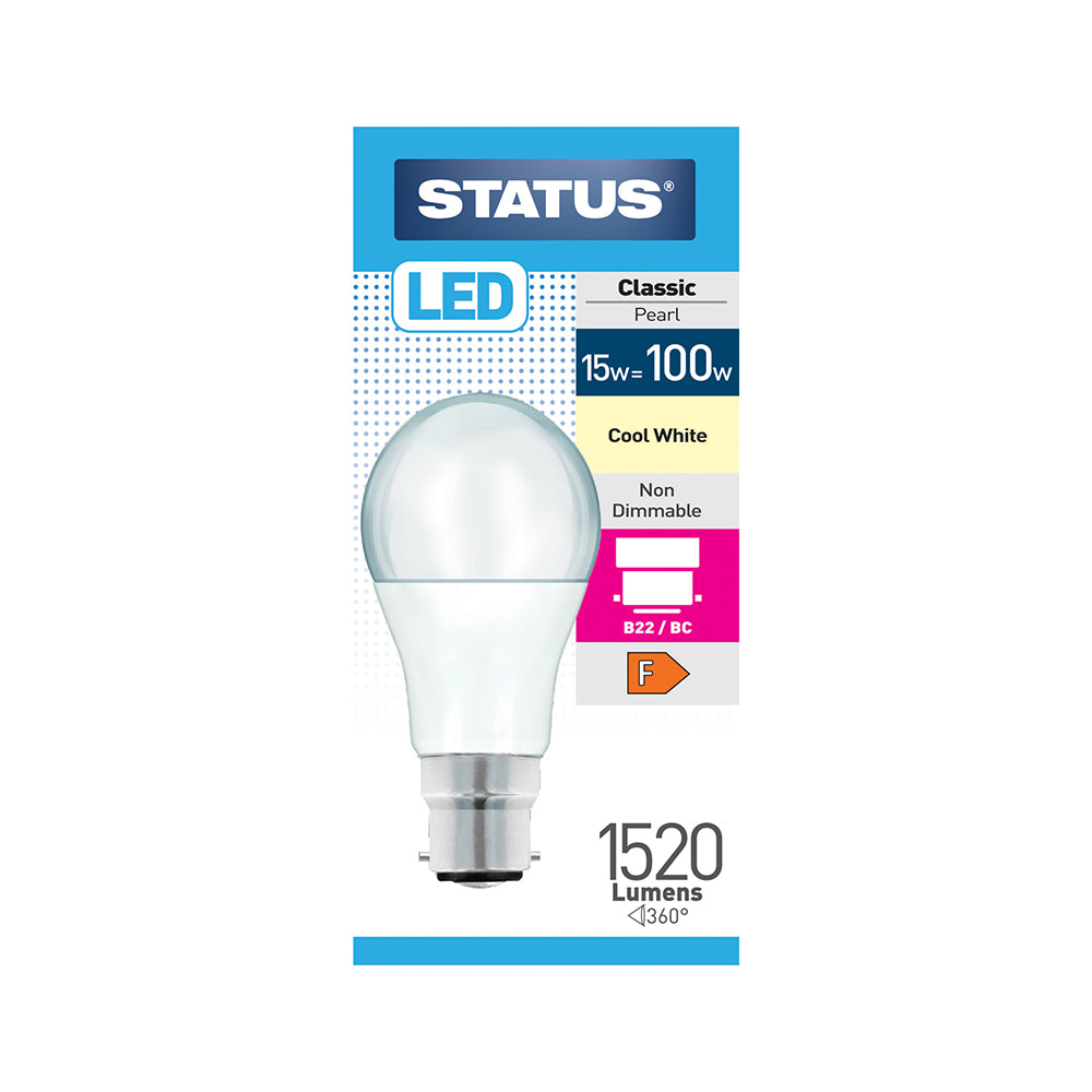 15w = 100w = 1520 lumens - LED - A60 GLS - B22 - PA -Pearl - Cool White - 1 pk