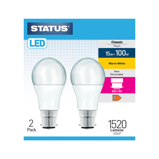 15w = 100w = 1520 lumens -LED - A60 GLS - B22 - PA - Pearl - Warm White - 2 pk box