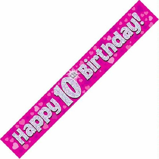 Bannière 2,7 m Joyeux 10e Anniversaire Holographique Rose
