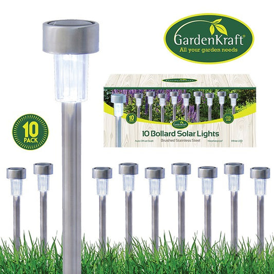 10PK S/S Bollard Solar Lights-White