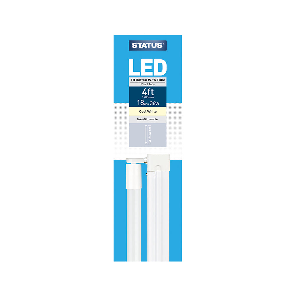 4ft / 1200mm - 18w = 1500 lumens -LED -T8 Tube - Batten Fitting - Pearl - Cool White - 1 pk box