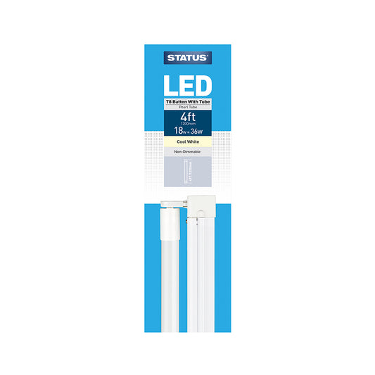 4ft / 1200mm - 18w = 1500 lumens -LED -T8 Tube - Batten Fitting - Pearl - Cool White - 1 pk box