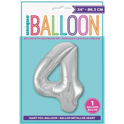 Giant No 4 Helium Air Foil Balloon 34in Silver