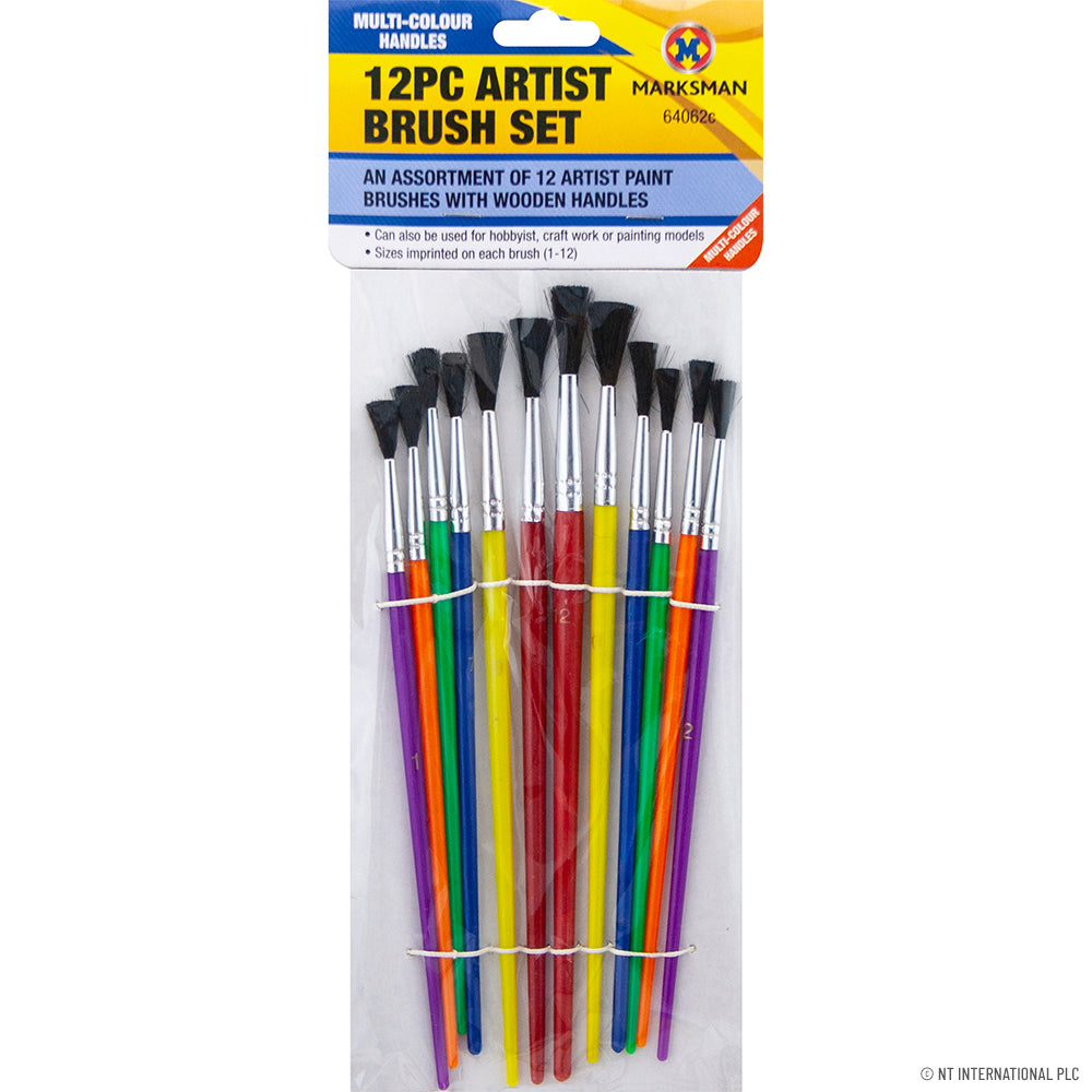 Professional 12pc Artist Brush Set with Assorted Color Handles - Fine Detailing and Versatile Painting Brushes